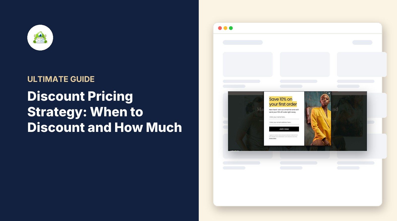 Featured discount pricing strategy - OptinMonster Discount pricing strategy guide, with an OptinMonster popup offering 10% off a first order