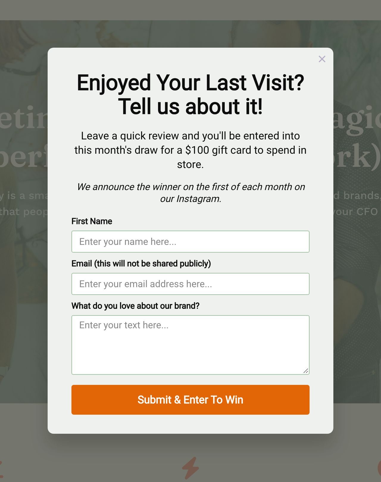 Feedback for entry draw popup optinmonster - OptinMonster An OptinMonster popup for a local business asking customers to share what they enjoyed about their visit to enter a monthly draw for a 0 gift card.