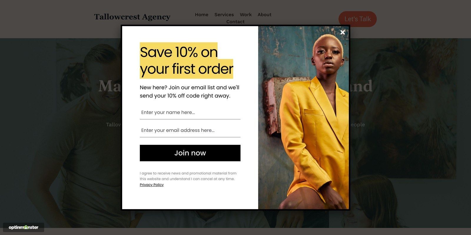 First order discount popup for new visitors optinmonster - OptinMonster An OptinMonster popup on a website's homepage offering new visitors 10% off their first order in return for their name and email address.