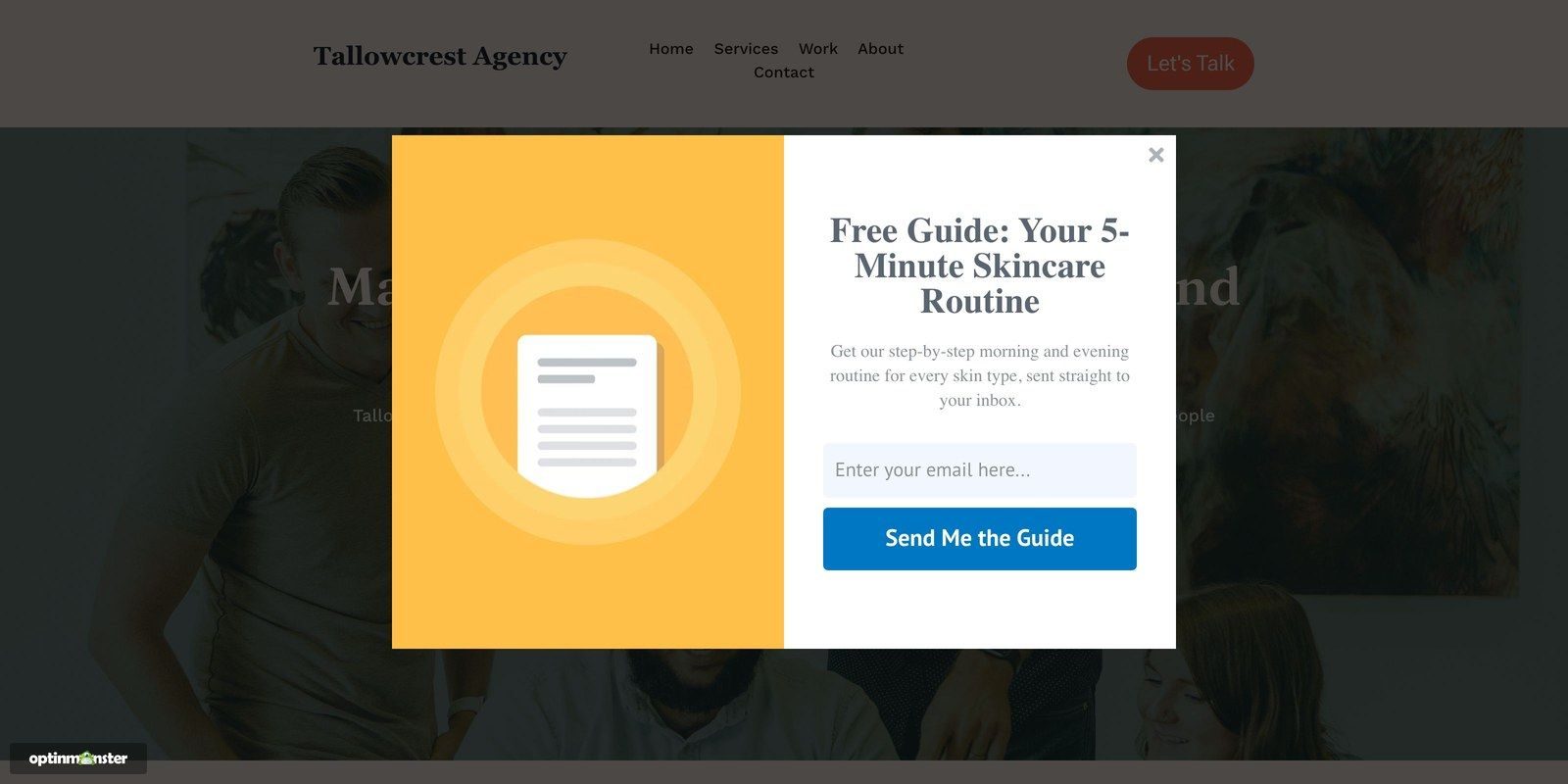 Free guide offer instead of discount popup optinmonster - OptinMonster An OptinMonster popup offering a free 5-minute skincare routine guide in return for an email address, with no discount in the offer.