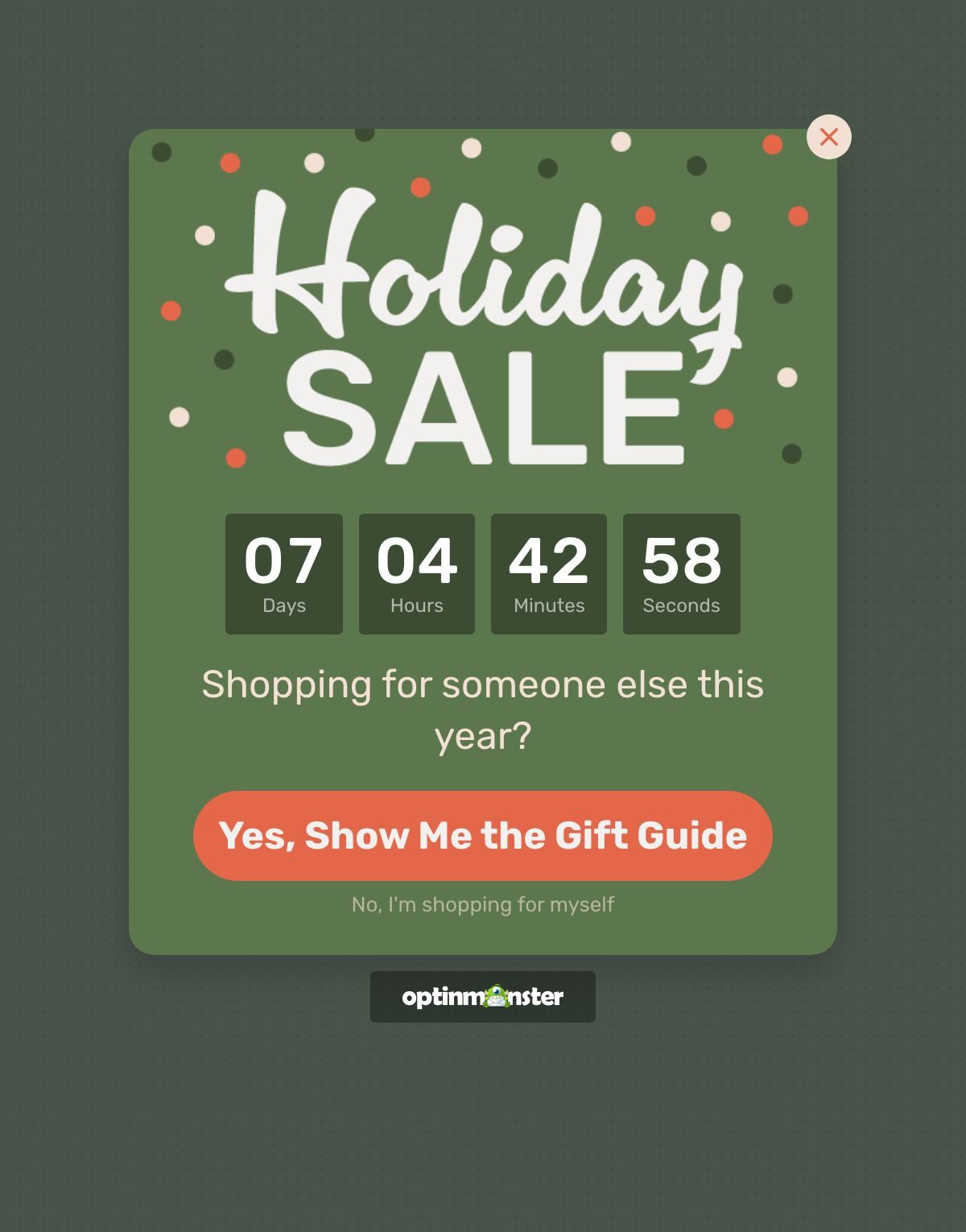 Gift guide yes no popup optinmonster - OptinMonster A holiday gift guide popup in OptinMonster asking Shopping for someone else this year? with Yes, Show Me the Gift Guide and No, I'm shopping for myself buttons.