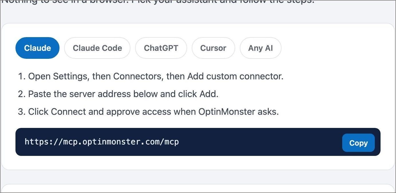 Mcp server setup page claude steps optinmonster - OptinMonster The OptinMonster MCP setup page with the Claude steps and the server address to paste.