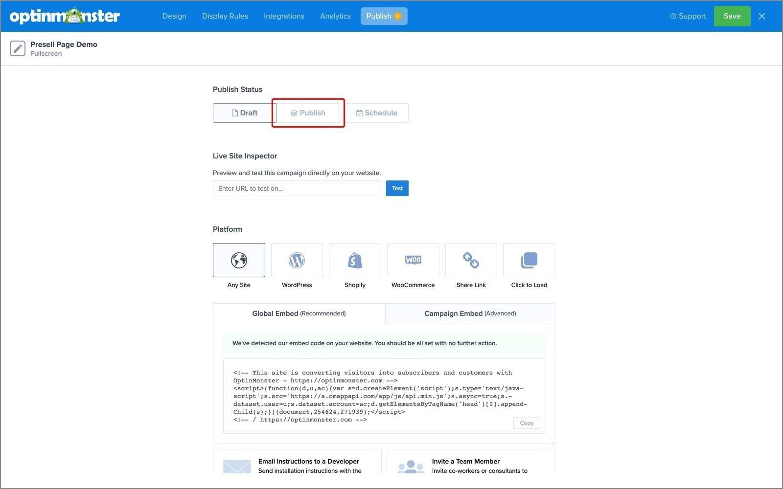 Publish status and live site inspector optinmonster - OptinMonster The Publish view with the Publish Status control and the Live Site Inspector.