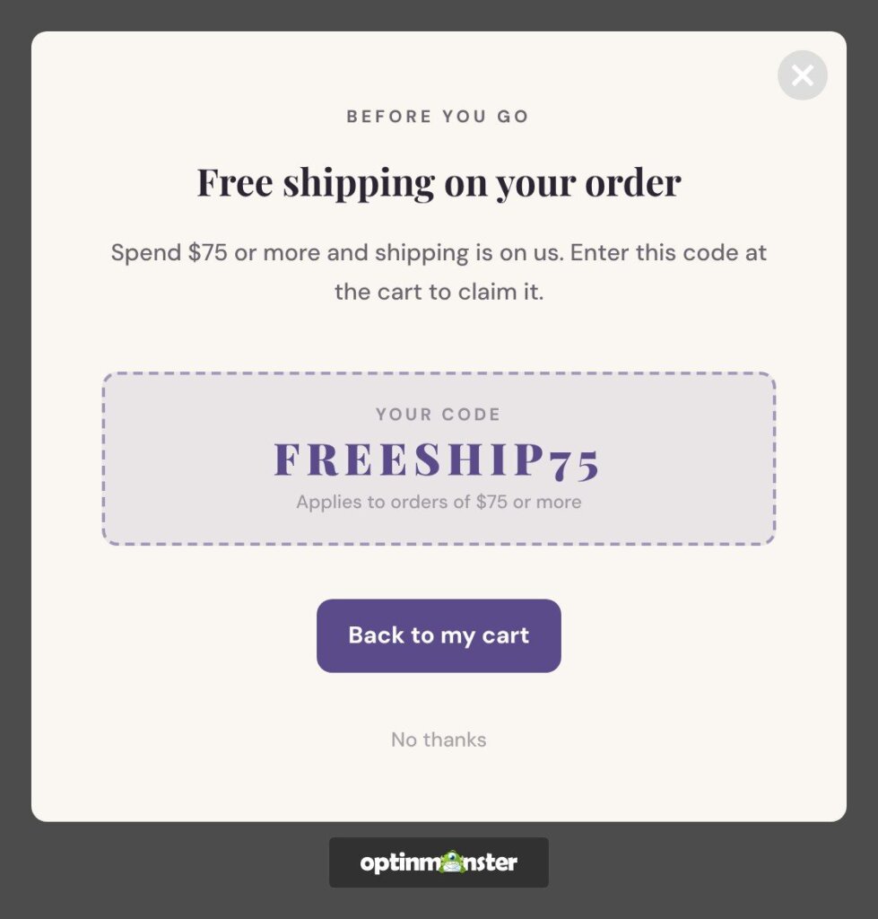 Rendered preview free shipping popup optinmonster - OptinMonster The rendered preview of a free shipping popup the OptinMonster MCP built from a one-sentence request.