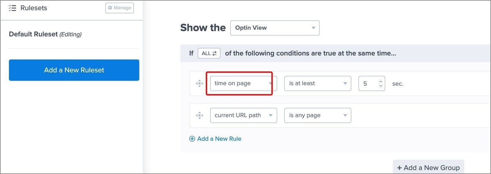 Time on page rule optinmonster - OptinMonster The Time on Page rule row, set to at least 5 seconds.