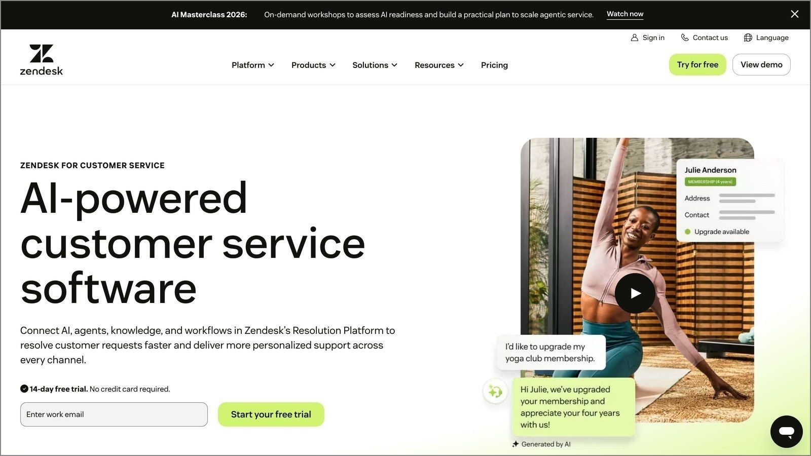 Zendesk service landing page example - OptinMonster Zendesk's customer service landing page: a headline about customer service, a short pitch and two calls to action.